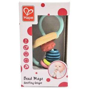 The Hape Bead Maze is a baby toy with wooden and plastic beads to enhance fine motor skills. Suitable for ages 3 months+, it comes boxed and features a baby on the packaging.