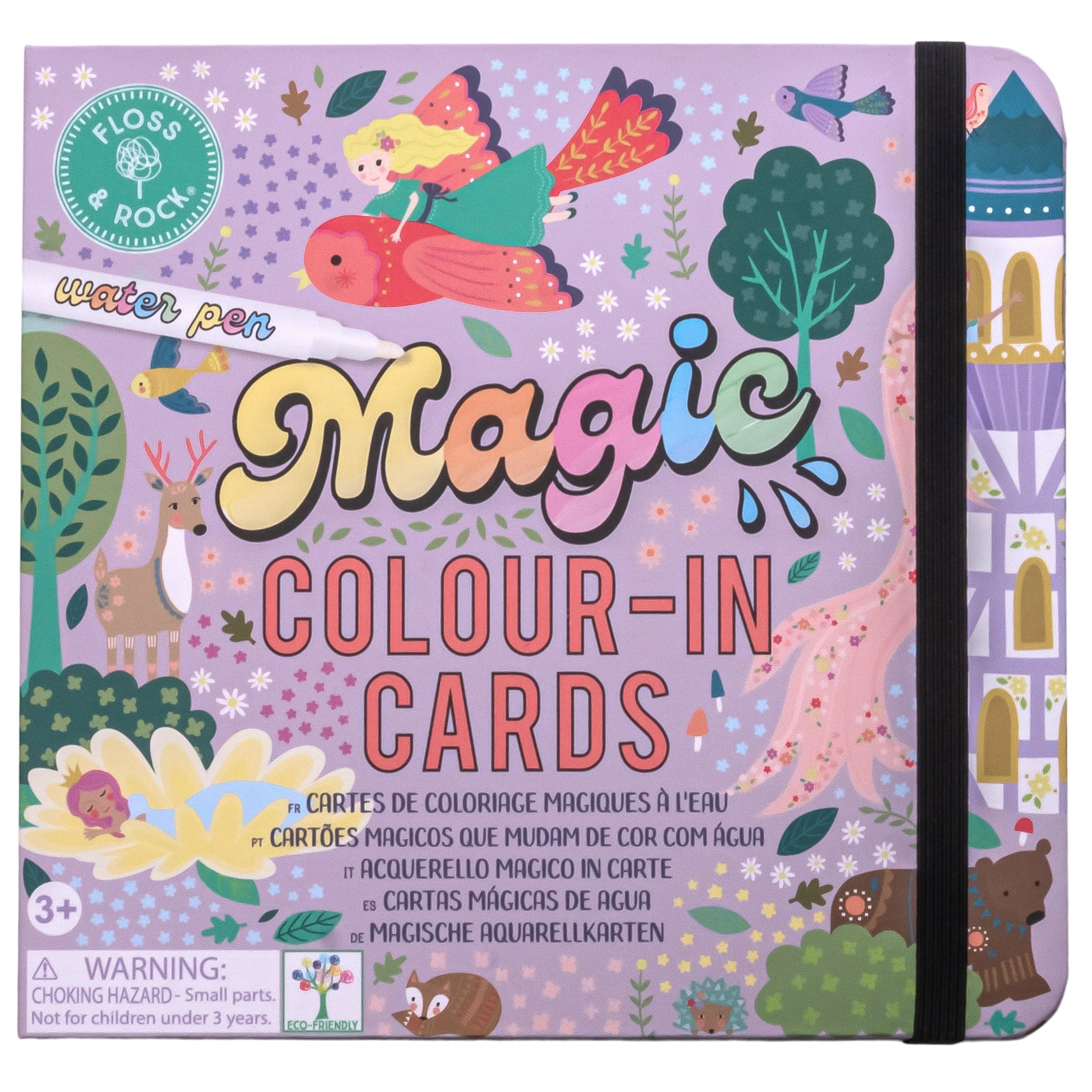 A purple box of Floss and Rock Fairy Tale Water Pen & Cards featuring illustrations of a princess and animals, suitable for ages 3 and up, includes reusable coloring cards that are a perfect travel activity for kids, with a warning for small parts.