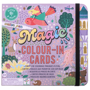 A purple box of Floss and Rock Fairy Tale Water Pen & Cards featuring illustrations of a princess and animals, suitable for ages 3 and up, includes reusable coloring cards that are a perfect travel activity for kids, with a warning for small parts.