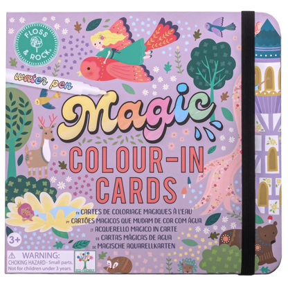 A purple box of Floss and Rock Fairy Tale Water Pen & Cards featuring illustrations of a princess and animals, suitable for ages 3 and up, includes reusable coloring cards that are a perfect travel activity for kids, with a warning for small parts.