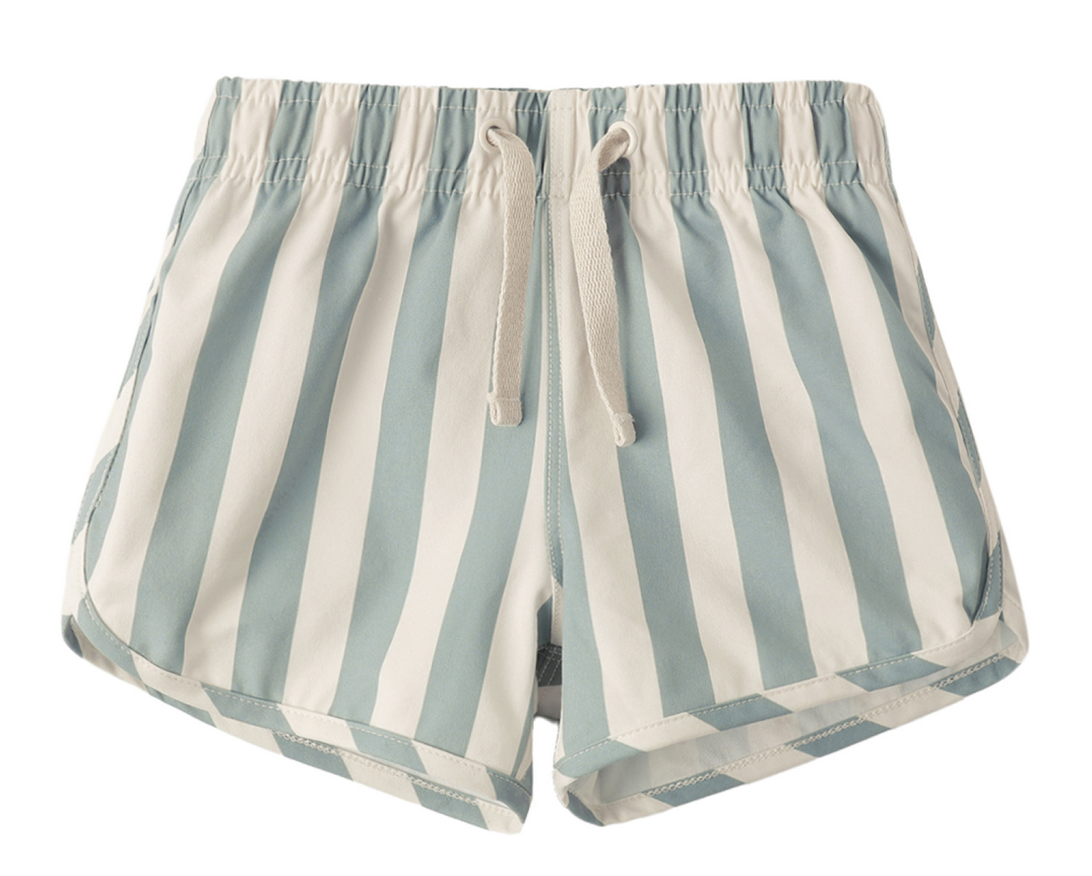 The Rylee & Cru Baby Boys' and Boys' Swim Trunk features light blue and white vertical stripes, an elastic waistband, a white drawstring, and a comfy mesh liner.