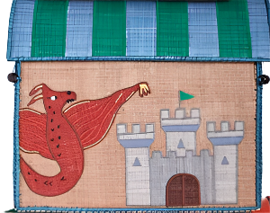 An illustrated red dragon stands before a gray castle adorned with a green flag, all set against a backdrop reminiscent of the intricate patterns found in Rice's handmade Raffia Toy Baskets.