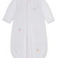 The Kissy Kissy Baby SCE Jungle Hang Out Convertible Gown is made from soft white Peruvian cotton and features long sleeves, pink trim, and delicate embroidery of jungle animals like a lion, giraffe, and elephant. Designed for easy changing, this infant gown includes an elasticized bottom and a convenient front opening.