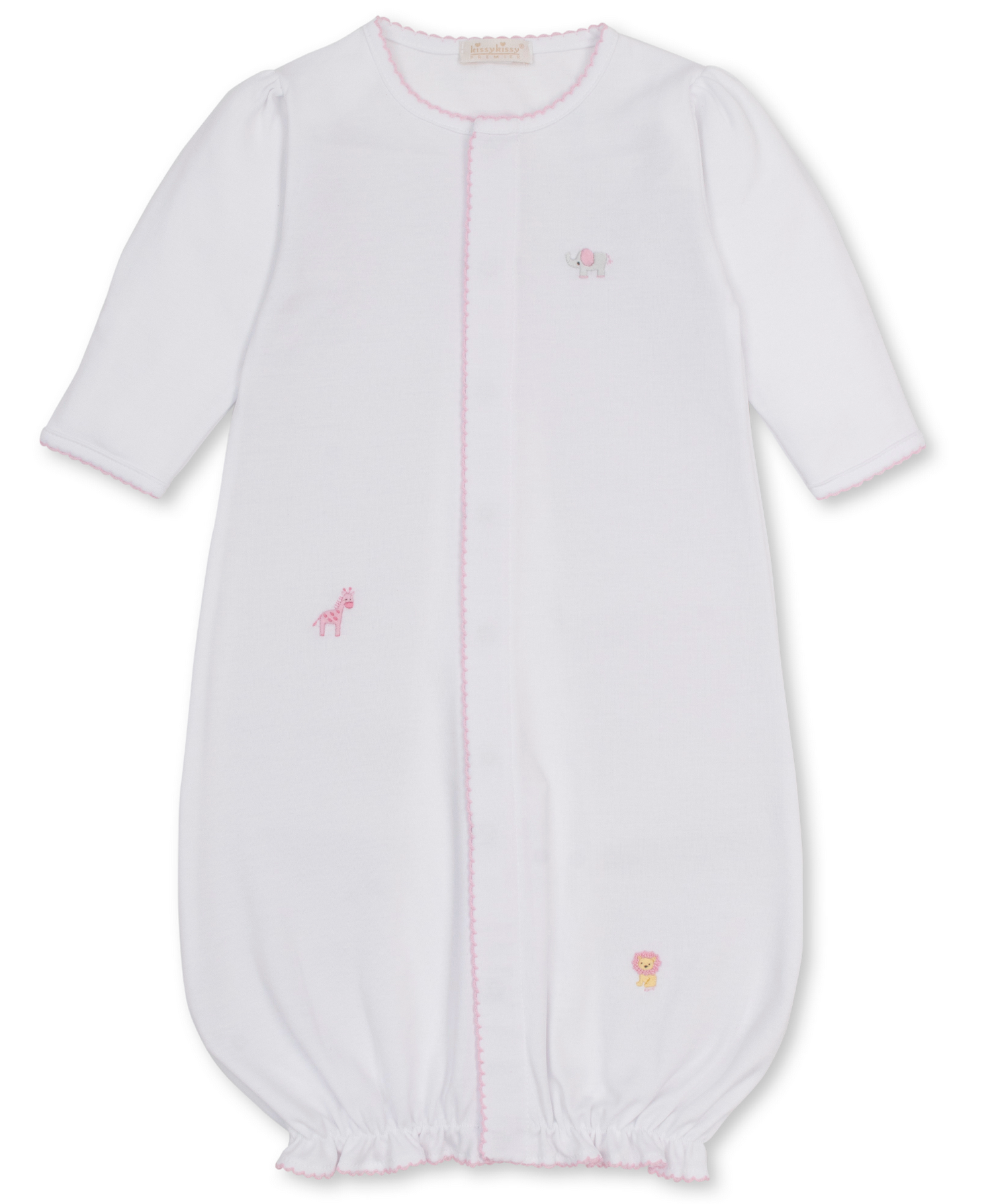 The Kissy Kissy Baby SCE Jungle Hang Out Convertible Gown is made from soft white Peruvian cotton and features long sleeves, pink trim, and delicate embroidery of jungle animals like a lion, giraffe, and elephant. Designed for easy changing, this infant gown includes an elasticized bottom and a convenient front opening.