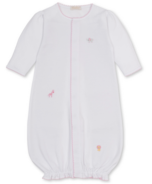 The Kissy Kissy Baby SCE Jungle Hang Out Convertible Gown is made from soft white Peruvian cotton and features long sleeves, pink trim, and delicate embroidery of jungle animals like a lion, giraffe, and elephant. Designed for easy changing, this infant gown includes an elasticized bottom and a convenient front opening.