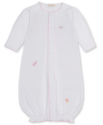 The Kissy Kissy Baby SCE Jungle Hang Out Convertible Gown is made from soft white Peruvian cotton and features long sleeves, pink trim, and delicate embroidery of jungle animals like a lion, giraffe, and elephant. Designed for easy changing, this infant gown includes an elasticized bottom and a convenient front opening.