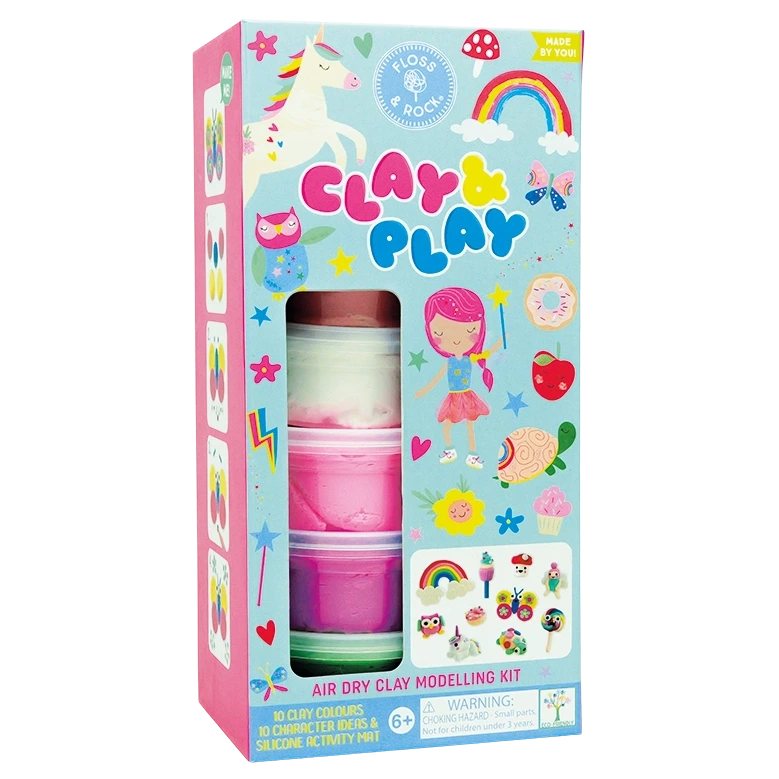 Box of “Princess Clay & Play” air dry clay sculpting kit by Floss and Rock, featuring ten vibrant clay colors, Rainbow Fairy character ideas, and an activity mat; suitable for ages 6 and up. Comes in bright, colorful packaging with playful designs.