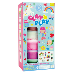 Box of “Princess Clay & Play” air dry clay sculpting kit by Floss and Rock, featuring ten vibrant clay colors, Rainbow Fairy character ideas, and an activity mat; suitable for ages 6 and up. Comes in bright, colorful packaging with playful designs.