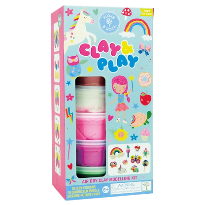 Box of “Princess Clay & Play” air dry clay sculpting kit by Floss and Rock, featuring ten vibrant clay colors, Rainbow Fairy character ideas, and an activity mat; suitable for ages 6 and up. Comes in bright, colorful packaging with playful designs.