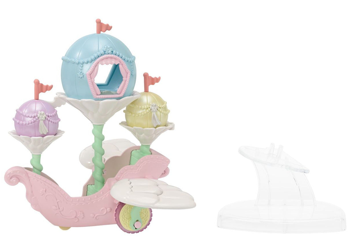 Calico Critters Floral Fantasy Skyship features pastel-colored domes shaped like flowers atop a pink wheeled base, and comes with a clear plastic stand—making it the perfect skyship for your Latte Cat baby in an adorable fairy costume to set off on enchanting adventures.