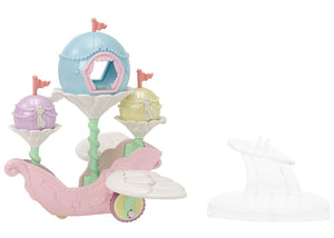 Calico Critters Floral Fantasy Skyship features pastel-colored domes shaped like flowers atop a pink wheeled base, and comes with a clear plastic stand—making it the perfect skyship for your Latte Cat baby in an adorable fairy costume to set off on enchanting adventures.