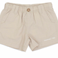 The Boys' Mallard Short by Properly Tied is beige cotton with an elastic waistband, quick-dry fabric, side pockets, a front button, and "PROPERLY TIED" printed on the lower front.