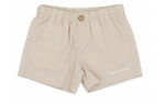 The Boys' Mallard Short by Properly Tied is beige cotton with an elastic waistband, quick-dry fabric, side pockets, a front button, and "PROPERLY TIED" printed on the lower front.