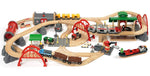 The Brio World Deluxe Railway Set by Brio is a comprehensive and intricate railway kit, featuring various tracks, bridges, a train station, buildings, cars, trucks, and boats. This deluxe set includes multiple trains and vehicles in an interconnected layout designed to provide hours of engaging play.