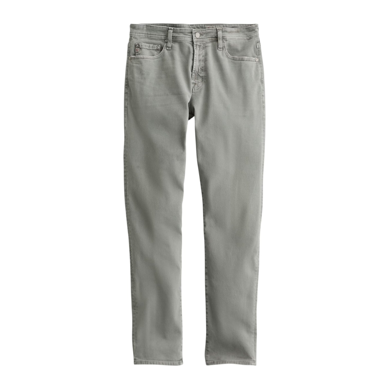 The AG Jeans Tellis Modern Slim Denim in light gray, made from Hyper Soft Bull Denim with front and back pockets, is shown on a white background.