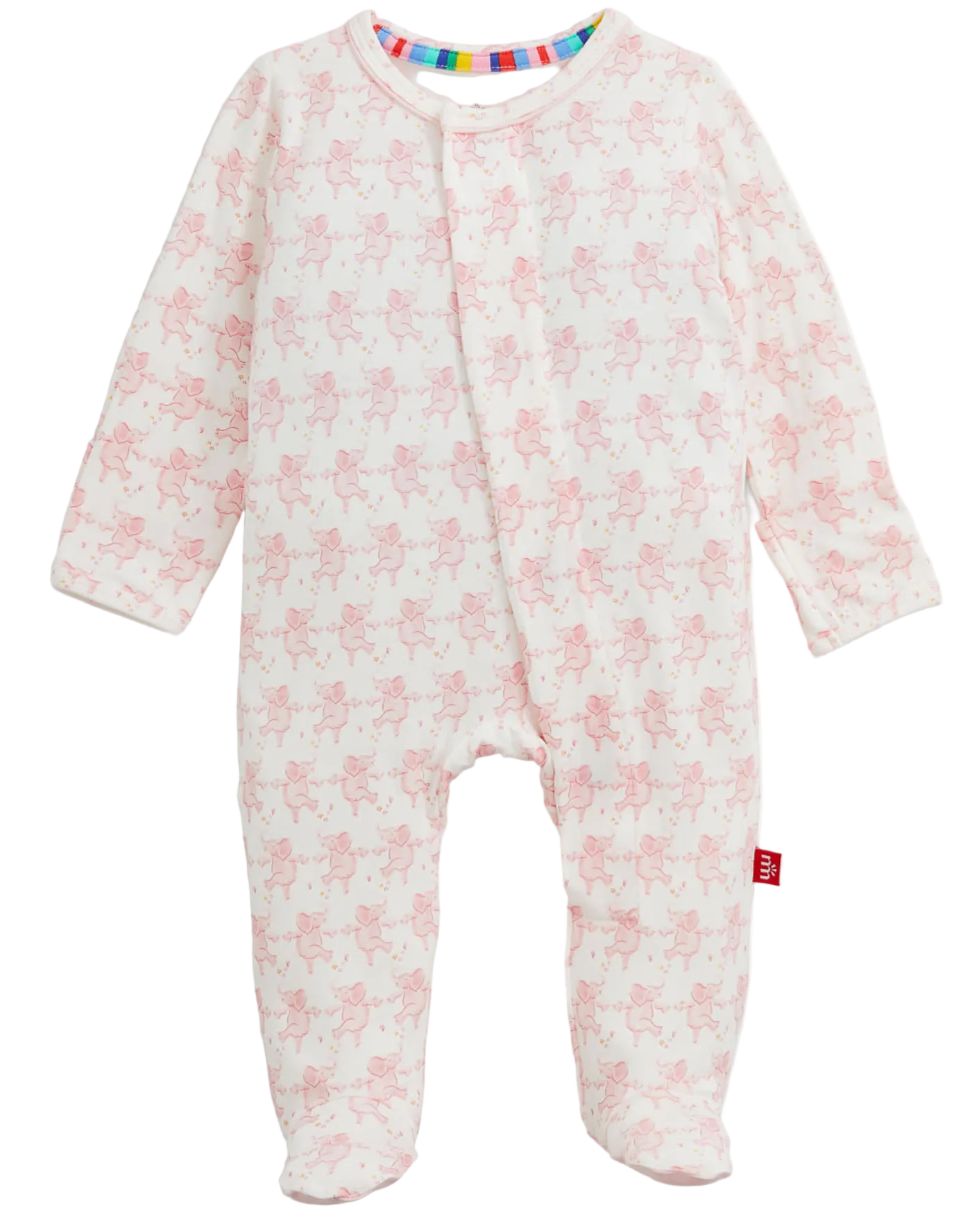 The Magnetic Me Baby Trunkettes Footie features long sleeves, a light pink animal print design, convenient front magnetic closures for easy changing, a cozy footed style, and a signature red side tag—making it the perfect modal sleeper for your little one.
