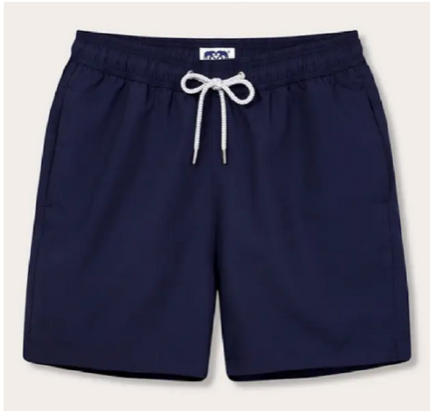 The Love Brand Staniel Swim Trunk features a navy blue quick-dry fabric, elastic waistband, white drawstring, and side pockets for comfortable style. Shown on a neutral background.
