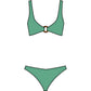 The Julia Bikini by Hunza G features an ocean-inspired green hue and pearly hoop detail at the center, shown on a white background.