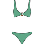 The Julia Bikini by Hunza G features an ocean-inspired green hue and pearly hoop detail at the center, shown on a white background.