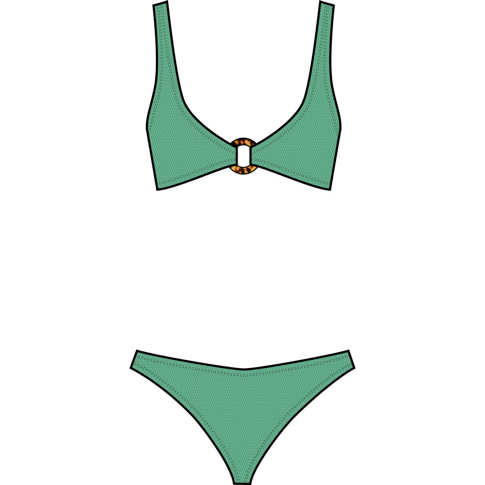 The Julia Bikini by Hunza G features an ocean-inspired green hue and pearly hoop detail at the center, shown on a white background.