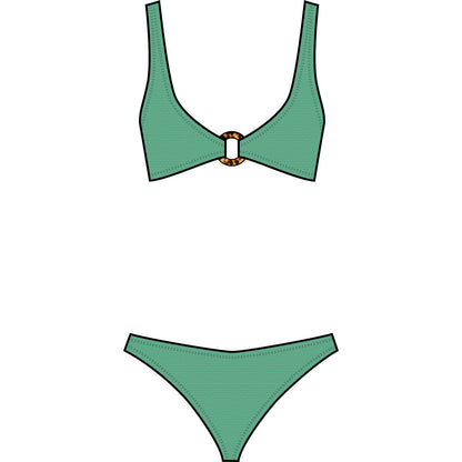 The Julia Bikini by Hunza G features an ocean-inspired green hue and pearly hoop detail at the center, shown on a white background.