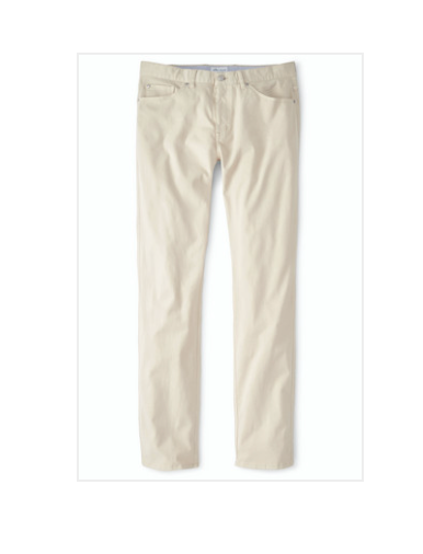 The Peter Millar Signature Sateen Five-Pocket Pant in light beige features a straight-leg silhouette and is displayed flat on a white background.