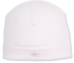 The Kissy Kissy Baby SCE Jungle Hang Out Striped Hat is crafted from soft Peruvian cotton in light pink, featuring subtle vertical stripes and a small white elephant with embroidered pink ears and tail on the front cuff.