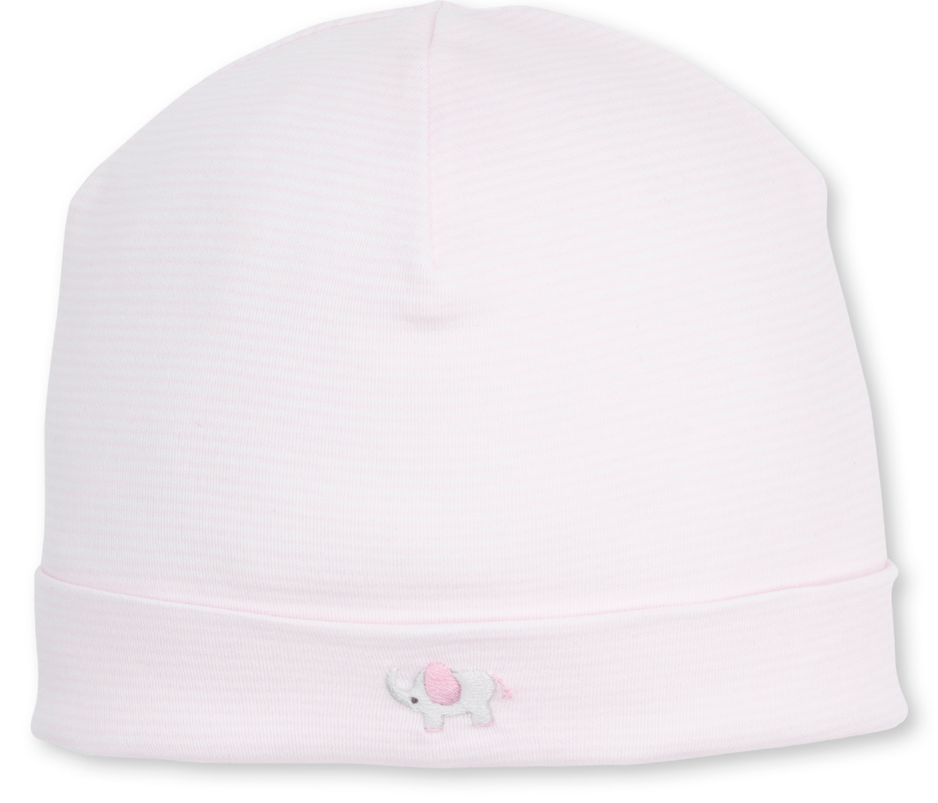 The Kissy Kissy Baby SCE Jungle Hang Out Striped Hat is crafted from soft Peruvian cotton in light pink, featuring subtle vertical stripes and a small white elephant with embroidered pink ears and tail on the front cuff.