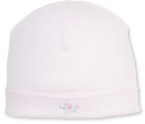 The Kissy Kissy Baby SCE Jungle Hang Out Striped Hat is crafted from soft Peruvian cotton in light pink, featuring subtle vertical stripes and a small white elephant with embroidered pink ears and tail on the front cuff.