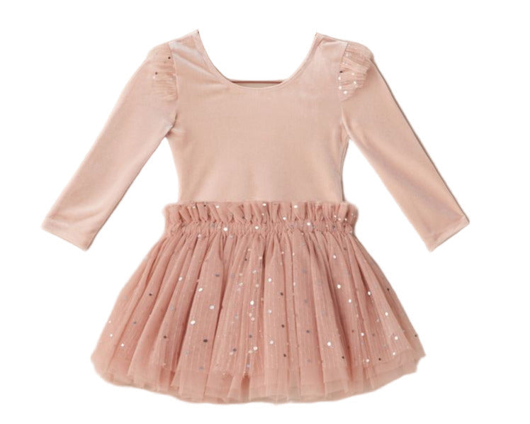 The Noralee Lottie Tutu Set is a light pink long-sleeve dress for children, featuring a double-tiered tulle skirt with small sequin accents, shown on a plain white background.
