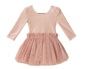 The Noralee Lottie Tutu Set is a light pink long-sleeve dress for children, featuring a double-tiered tulle skirt with small sequin accents, shown on a plain white background.