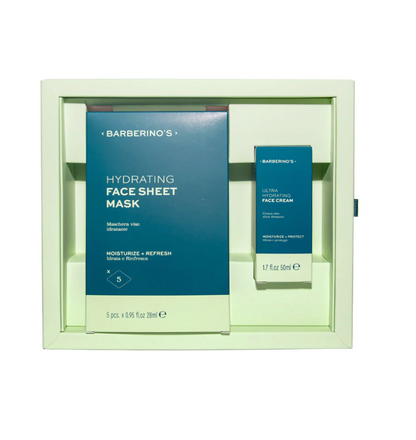 Barberino's Skin Care Set includes 5 hydrating face sheet masks (28ml each) and an ultra hydrating face cream (50ml) in a light green box—ideal for enhancing your skincare routine.