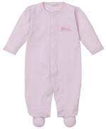 The Kissy Kissy Baby Premier Elephant Esprit Footie with Hand Emb. is a light pink, long-sleeve Pima cotton baby footie featuring a small embroidered elephant detail on the chest.