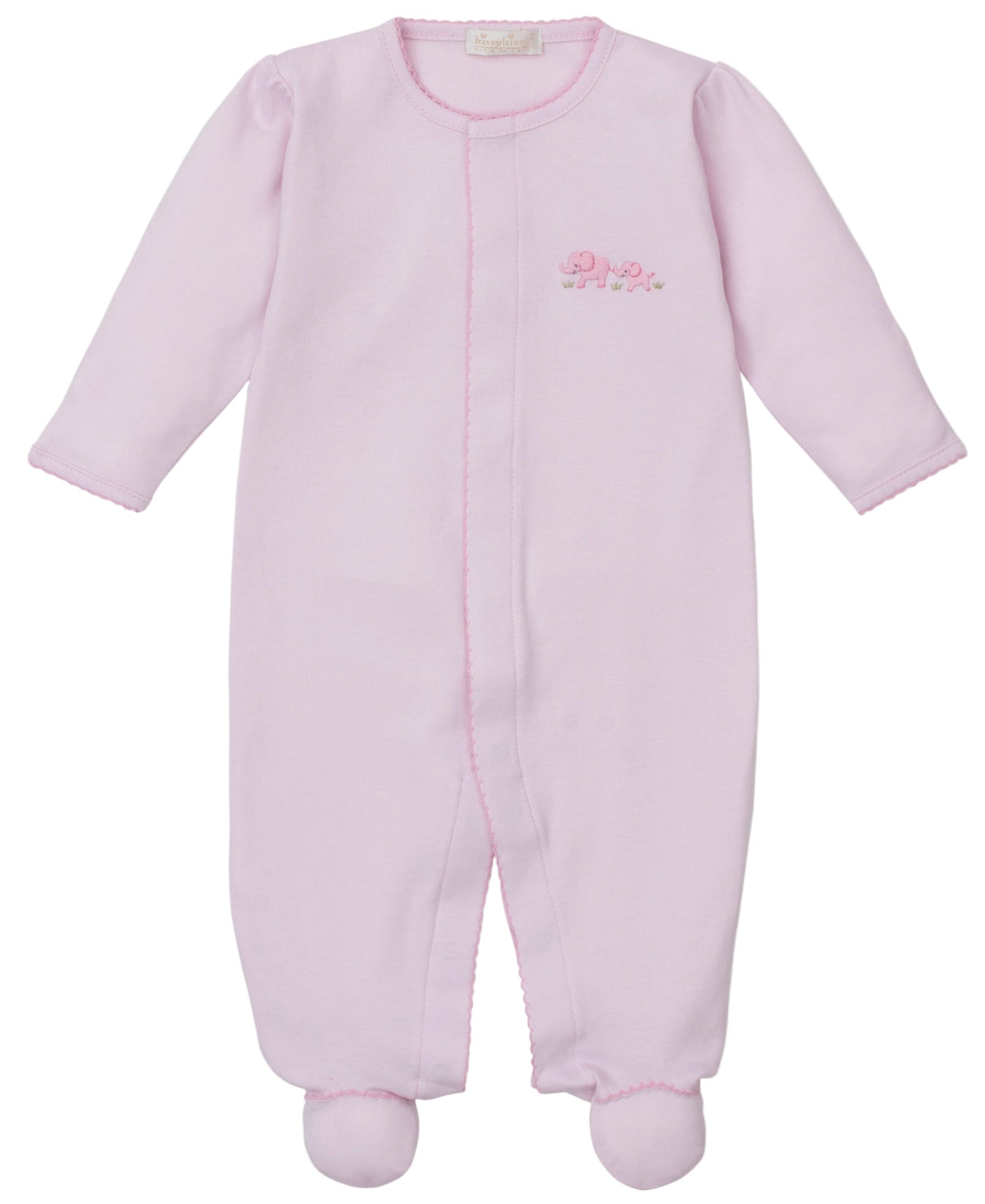 The Kissy Kissy Baby Premier Elephant Esprit Footie with Hand Emb. is a light pink, long-sleeve Pima cotton baby footie featuring a small embroidered elephant detail on the chest.