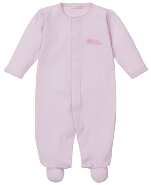 The Kissy Kissy Baby Premier Elephant Esprit Footie with Hand Emb. is a light pink, long-sleeve Pima cotton baby footie featuring a small embroidered elephant detail on the chest.