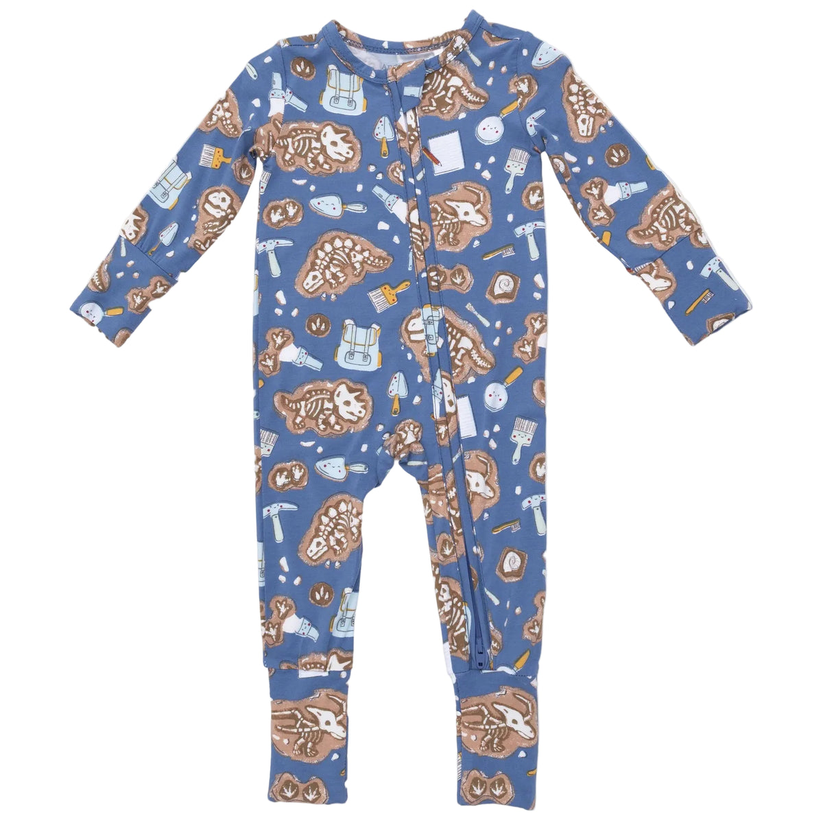 The Angel Dear Baby Convertible Romper is a blue footless onesie made from soft bamboo fiber, featuring an adorable animal and s’mores camping print. This cozy baby PJ offers long sleeves, a diagonal front zipper for easy dressing, and a convertible design to simplify diaper changes.