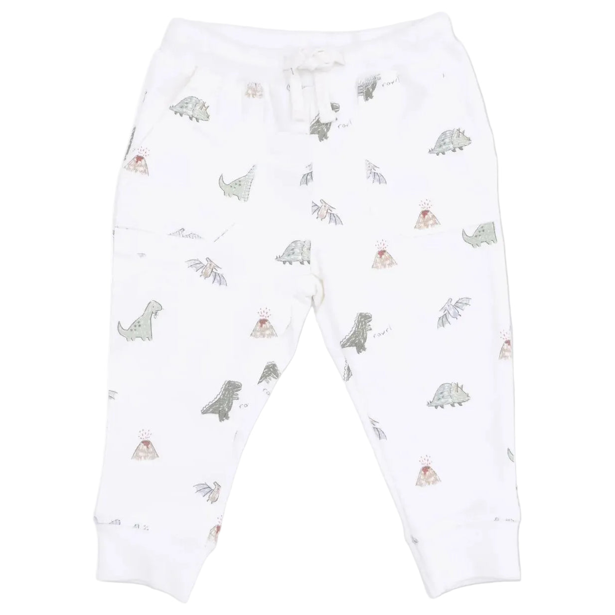 The Angel Dear Baby and Kids’ Jogger Pant features a cozy organic French terry knit with an elastic waistband, adorned with playful dinosaur and volcano illustrations in gentle green and brown hues—perfect for ensuring your little one’s comfort.
