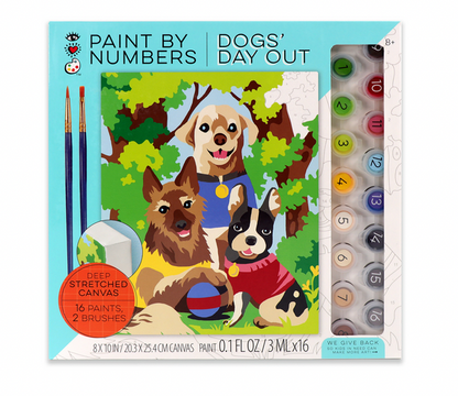 Bright Stripes Paint-By-Number kit includes a canvas with three dogs outdoors, 16 paint pots, two brushes, and instructions—all in a blue "Dogs' Day Out" box; perfect for kids.
