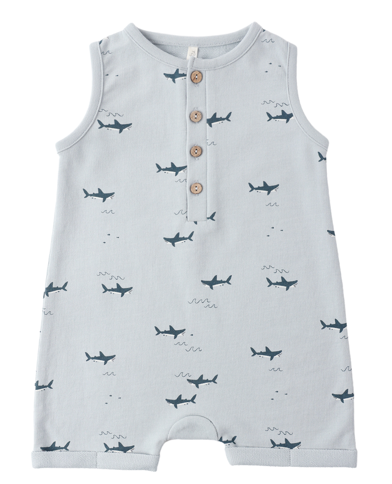 The Rylee & Cru Baby Boys' Davis Romper is a sleeveless light blue coastal piece featuring playful sharks, three wooden chest buttons, and a round neckline.