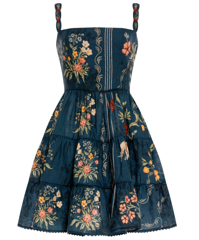 Agua by Agua Bendita Lima Mini Dress in dark teal poplin with a square neckline, thick straps, and a tiered skirt featuring a hand-embroidered floral print.