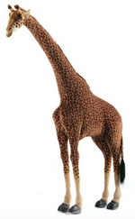The Hansa Giraffe 8′ Extra-Large features a standing design with a long neck, lifelike brown and white patterned coat, and detailed hooves, shown on a white background—perfect as safari nursery décor or as an oversized stuffed animal for imaginative play.