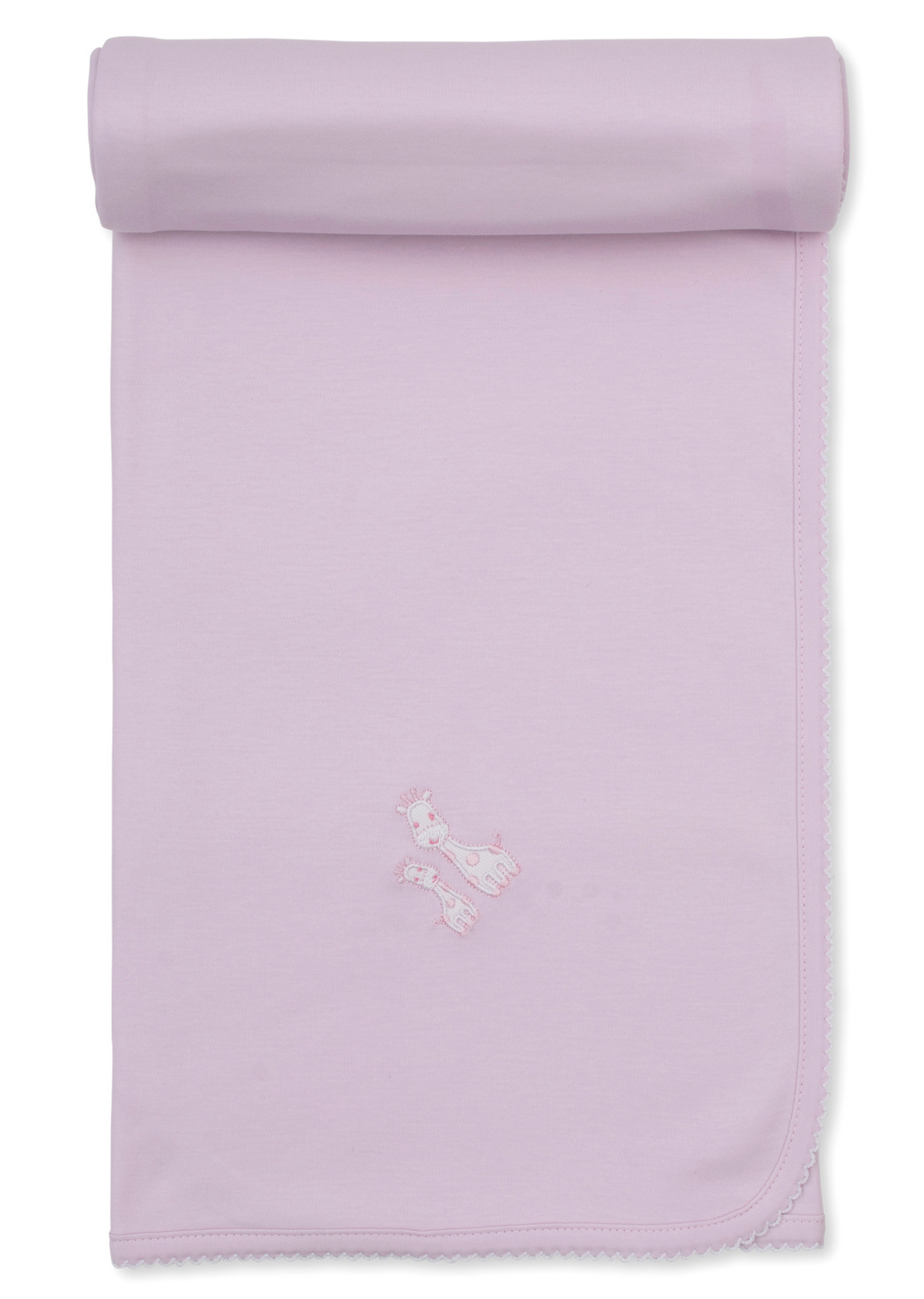 The Kissy Kissy Giraffe Laughs Blanket is a light pink Pima cotton baby blanket featuring scalloped edges and an embroidered giraffe design near the center, shown partially rolled at the top.