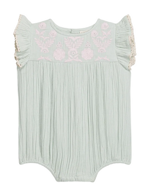 The Louise Misha Baby Girls’ Nusha Romper features light green cotton gauze with short ruffle sleeves, pink floral embroidery on the chest, and gathered fabric detailing.