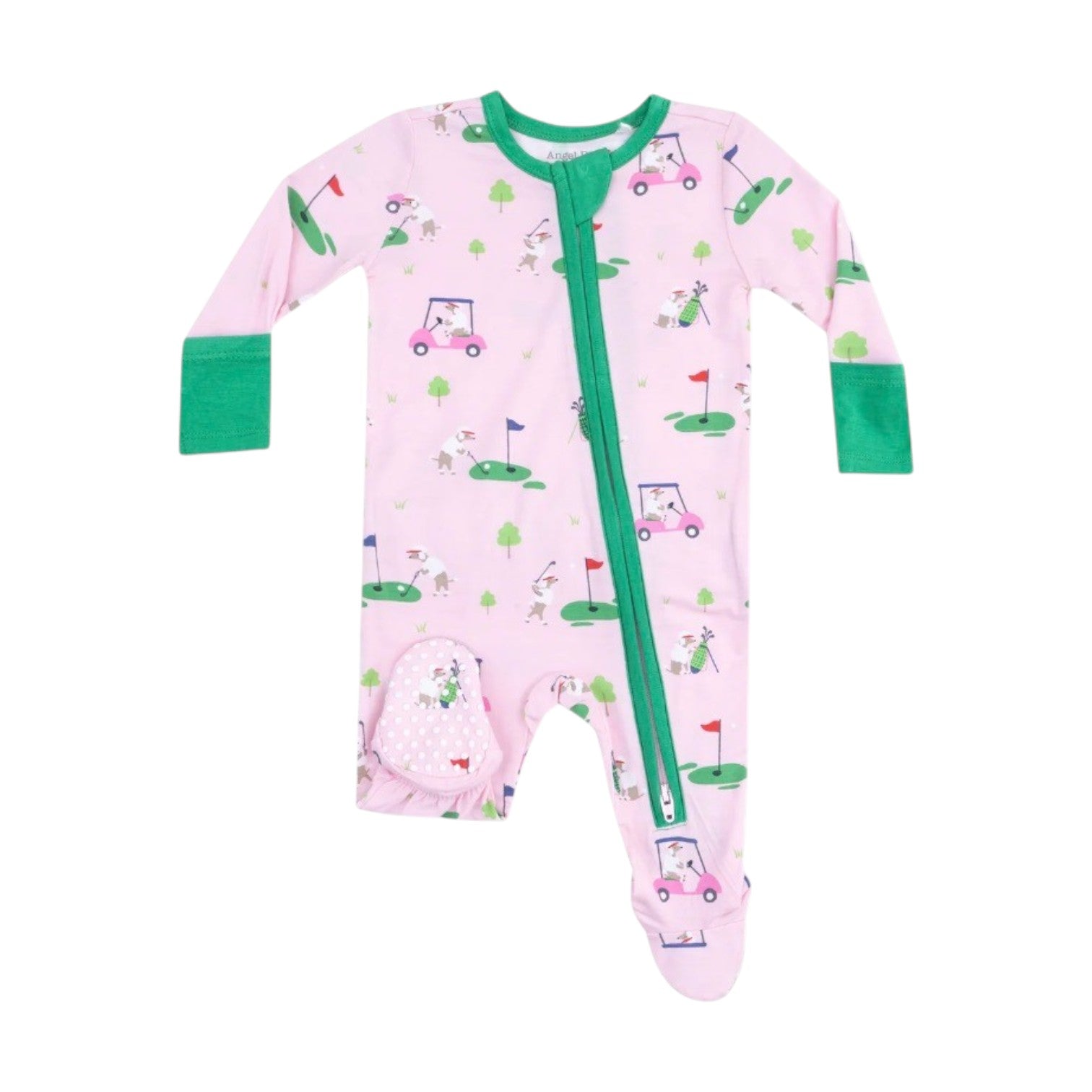 The Angel Dear Baby Girls' 2-Way Zipper Ruffle Back Footie features a pink golf-themed print with green cuffs and zipper, plus charming ruffles. Made from soft bamboo fabric for ultimate comfort.