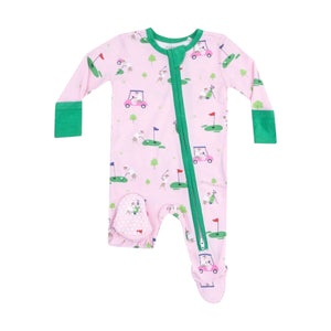 The Angel Dear Baby Girls' 2-Way Zipper Ruffle Back Footie features a pink golf-themed print with green cuffs and zipper, plus charming ruffles. Made from soft bamboo fabric for ultimate comfort.