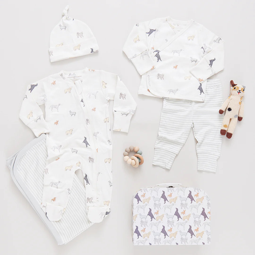 The Nesting Box Baby Take Home Set by Pink Chicken includes animal-print organic pima cotton pajamas, a hat, striped blanket, wooden teether, stuffed toy, and a matching storage bag—all displayed on a white background.