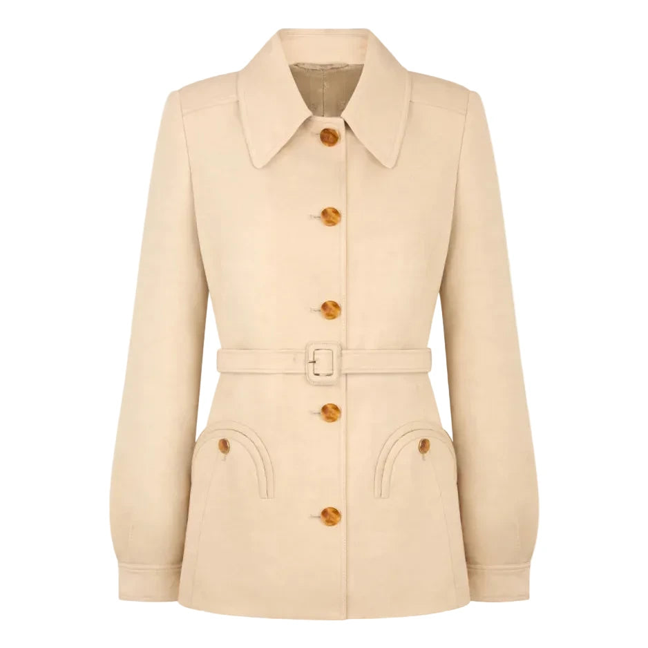 The Donzi Paint Jacket by Blaze Milano is a beige belted jacket with button closure, large collar, long sleeves, and two front flap pockets—a modern update of the classic hunting jacket inspired by Blaze Milano’s signature style.