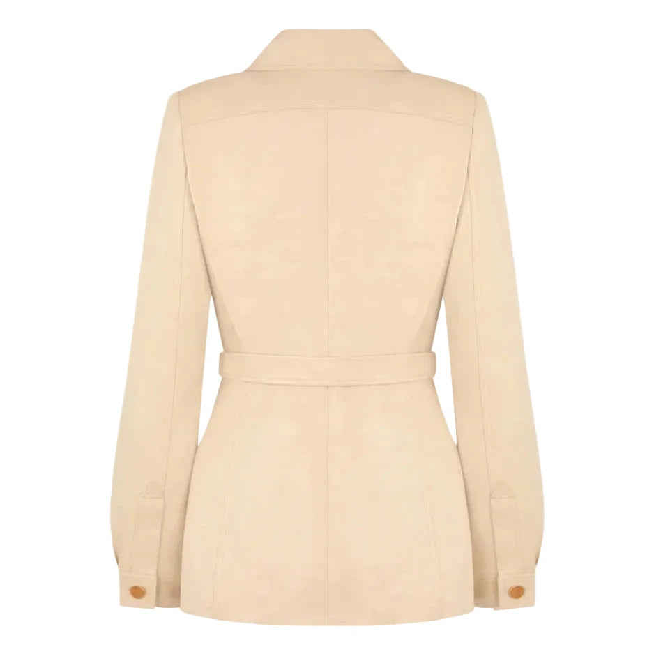 The Donzi Paint Jacket by Blaze Milano is a beige long-sleeve belted blazer with a notched collar and buttoned cuffs, shown from the back—a modern update of the brand’s classic hunting jacket.