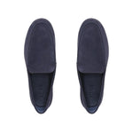 The vince Sonoma Woven Suede Loafer is displayed from above in navy blue suede on a white background, highlighting timeless men's footwear ideal for any casual ensemble.