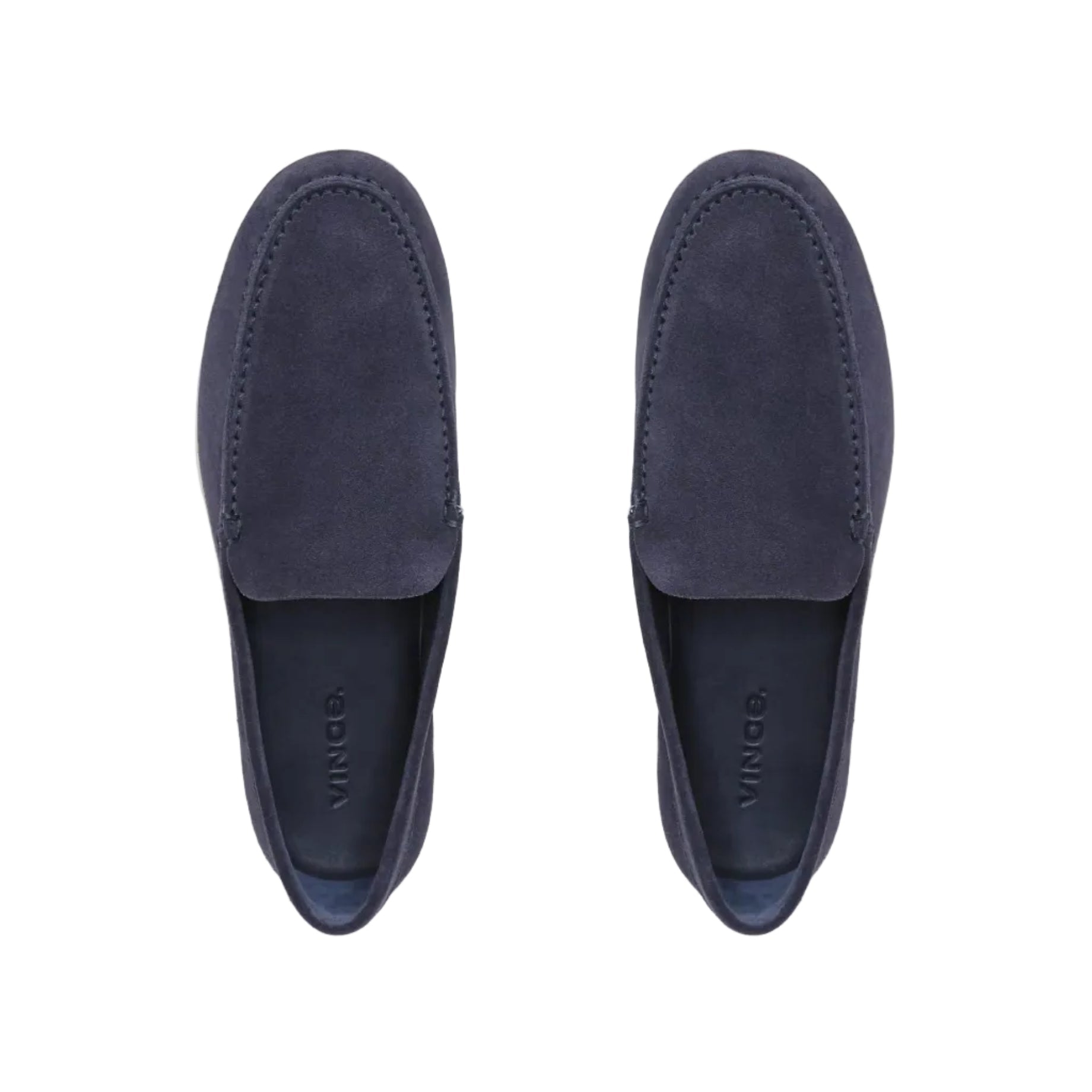 The vince Sonoma Woven Suede Loafer is displayed from above in navy blue suede on a white background, highlighting timeless men's footwear ideal for any casual ensemble.